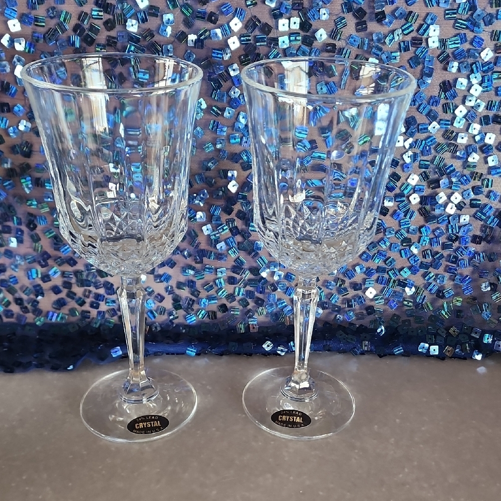 2 Crystal Cut Glass Wine Goblets - 24% Lead Crystal. Made In USA
